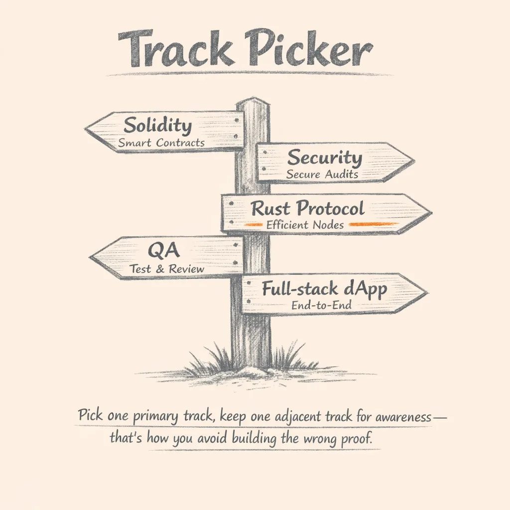 Blockchain engineer career tracks: Solidity smart contracts, security auditing, Rust protocol engineering, blockchain QA testing, and full-stack dApp development