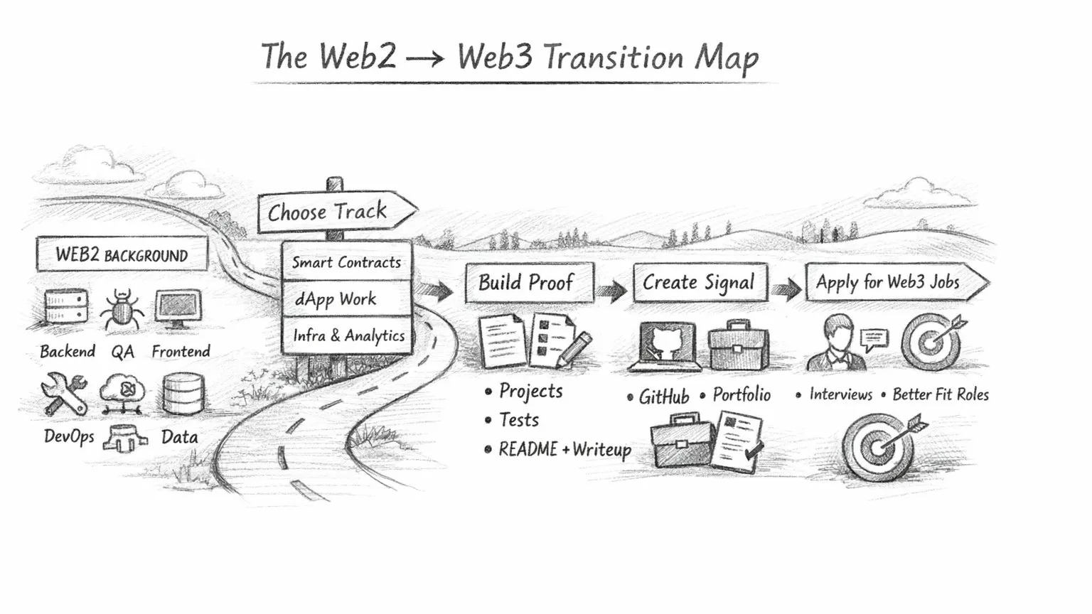 Web2 to Web3 career transition roadmap infographic showing track selection, proof projects, hiring signals, and Web3 job applications.