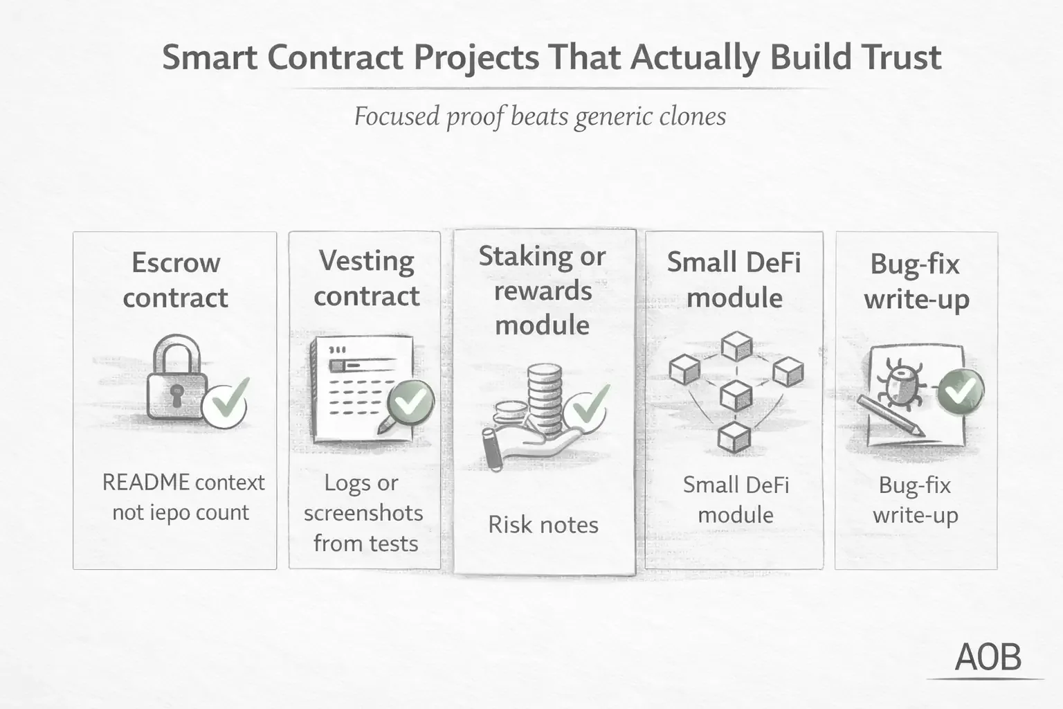 Checklist infographic showing what to include in a smart contract portfolio for jobs, including project summary, tests, risk notes, and iteration proof