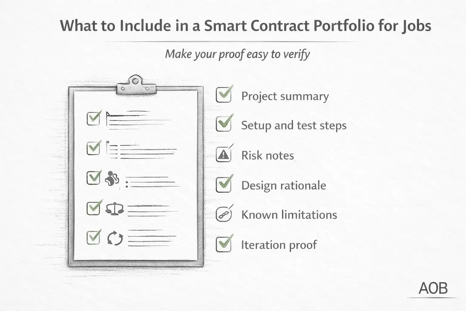 Checklist infographic showing what to include in a smart contract portfolio for jobs, including project summary, tests, risk notes, and iteration proof