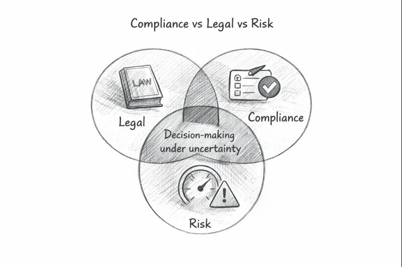 Venn diagram comparing legal, compliance, and risk roles in Web3 and decision-making under uncertainty