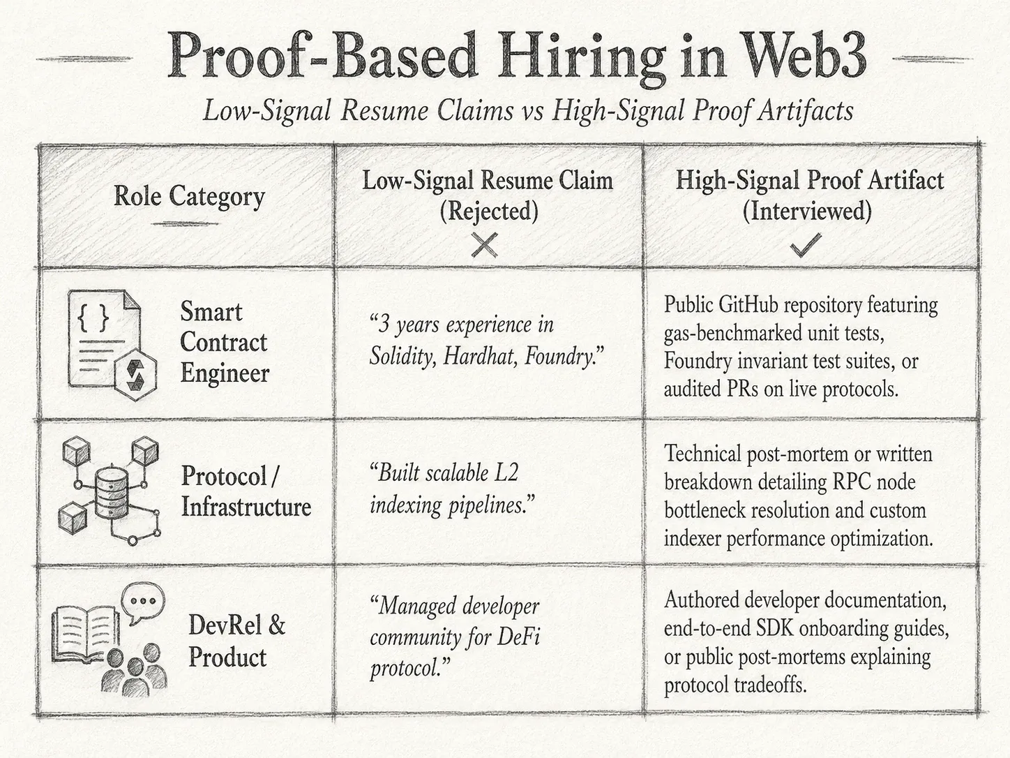Comparison chart of Web3 candidate proof artifacts versus traditional resume claims across smart contract, infrastructure, and product roles.