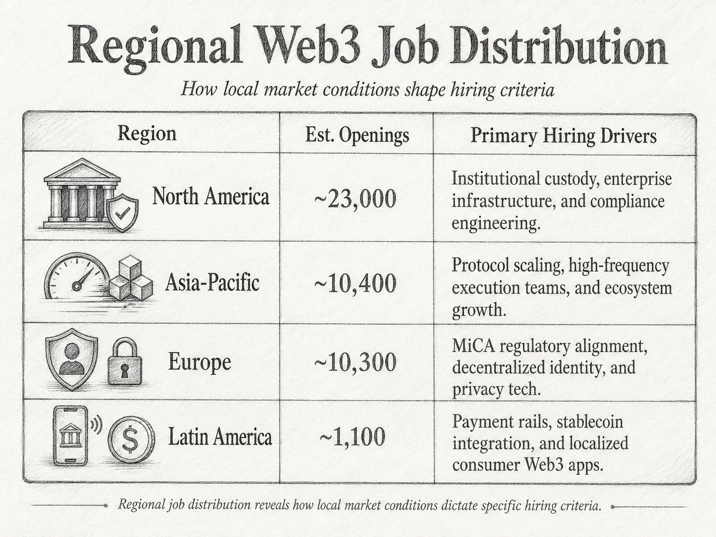 Infographic illustrating global Web3 job opening estimates and market hiring drivers by region.