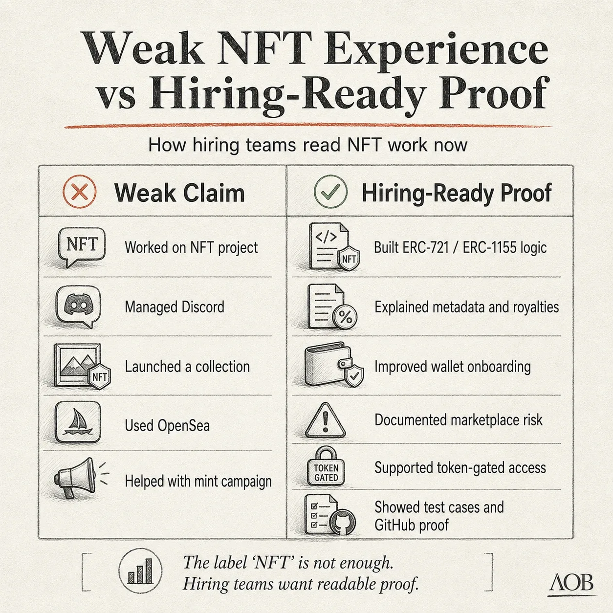Infographic comparing weak NFT resume claims against hiring-ready proof for Web3 recruiters.