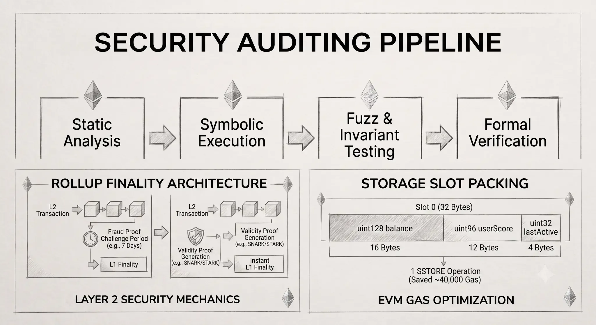 Solidity Smart Contract Security Auditing Pipeline Diagram Showing Static Analysis (Slither), Symbolic Execution (Mythril), Fuzzing (Foundry/Echidna), and Formal Verification (Certora) - Art of Blockchain