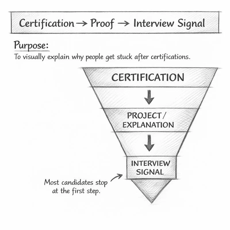 Hand-drawn diagram showing what blockchain certifications do (resume screening, vocabulary, entry signal) vs. what they do not decide (seniority, job offer, trust)