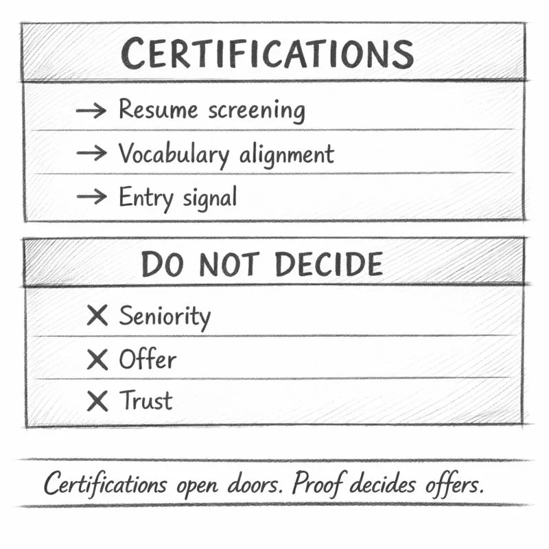 Funnel diagram illustrating the path from blockchain certification to project proof and interview signals, highlighting where candidates get stuck.\