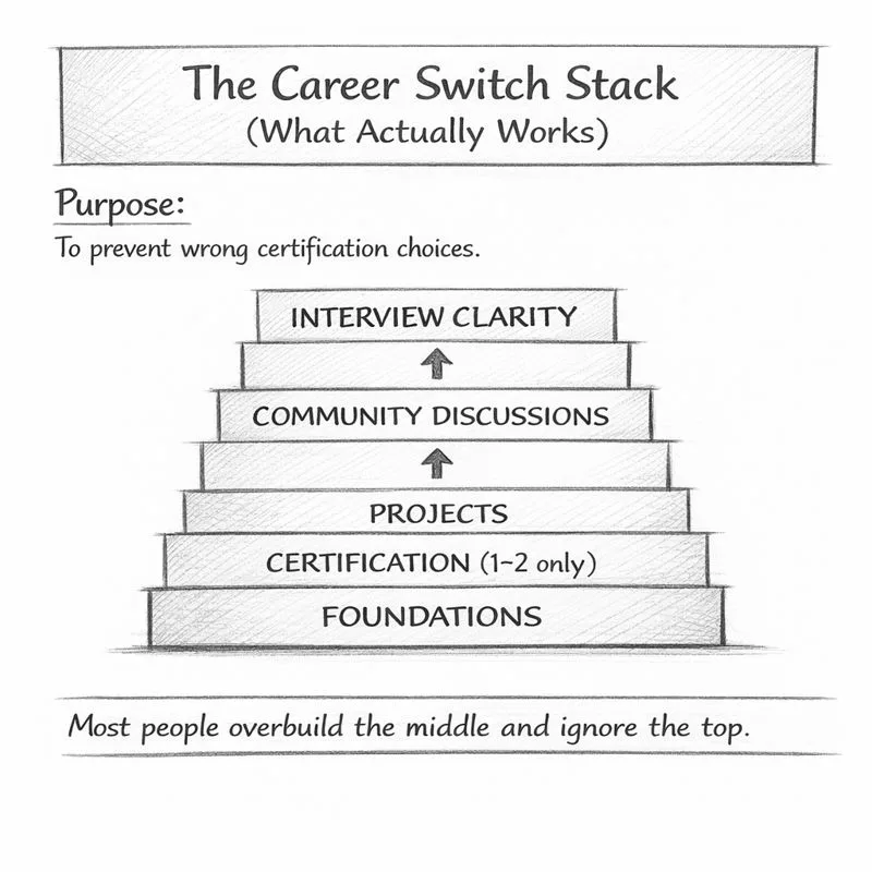 Pyramid diagram outlining the Career Switch Stack: Foundations, 1-2 Certifications, Projects, Community Discussions, and Interview Clarity.