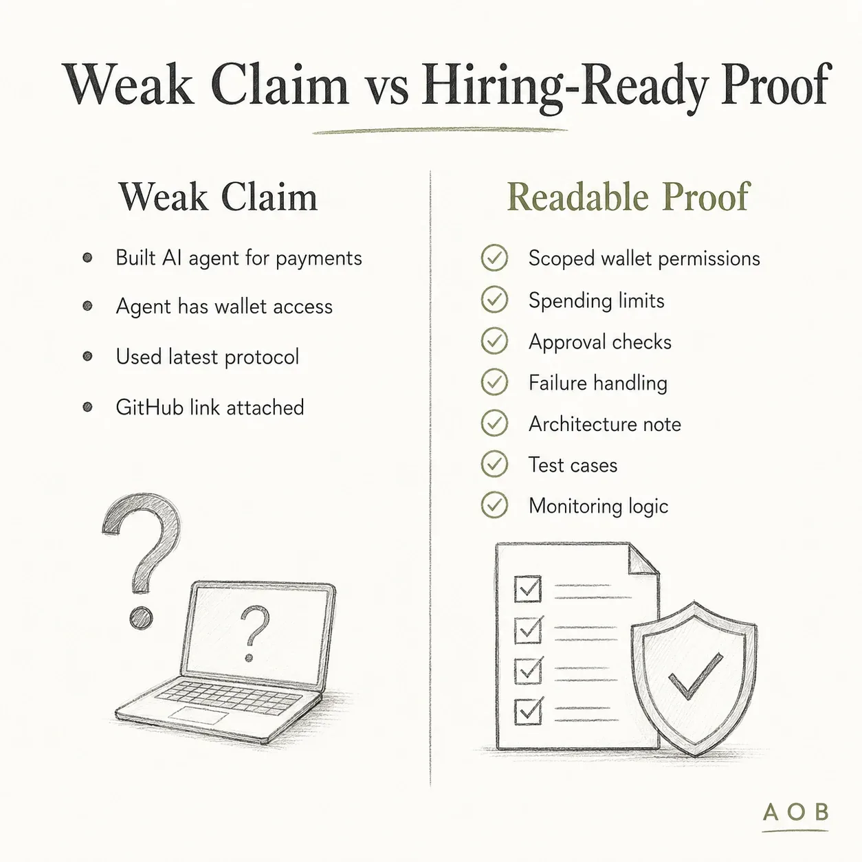 Weak Claim vs Hiring-Ready Proof Comparison Chart for Web3 AI Agent Developers.