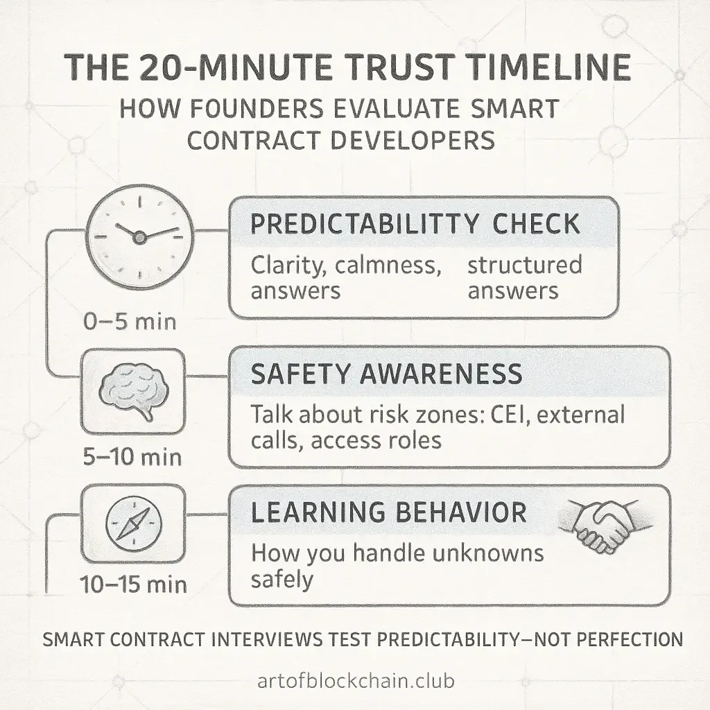 Timeline infographic detailing the first 20 minutes of a smart contract developer interview, highlighting the founder evaluation stages: predictability checks, safety awareness including CEI, and learning behavior.