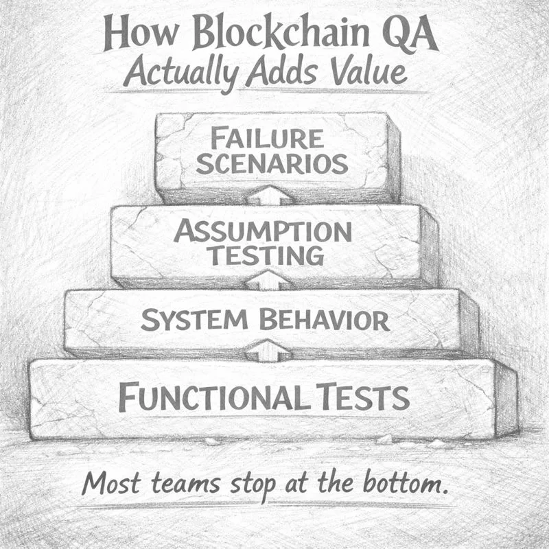 alt="Hierarchy of blockchain quality engineering value showing progression from functional tests and system behavior to assumption testing and adversarial failure scenarios"
