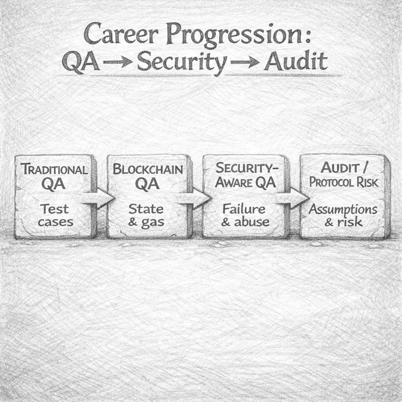 alt="Web3 QA career progression roadmap from traditional QA test cases to blockchain QA state testing, security-aware validation, and protocol risk audit"