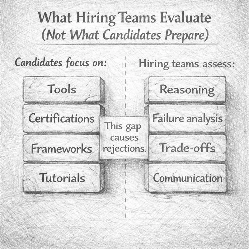 alt="Comparison diagram of Web3 QA hiring expectations showing the gap between candidate tool preparation and hiring team assessment of reasoning, failure analysis, and trade-offs"