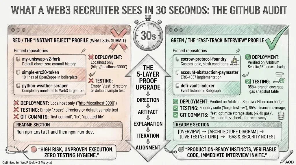Five layers of a recruiter-ready Web3 GitHub profile: direction, artifact, explanation, iteration and alignment