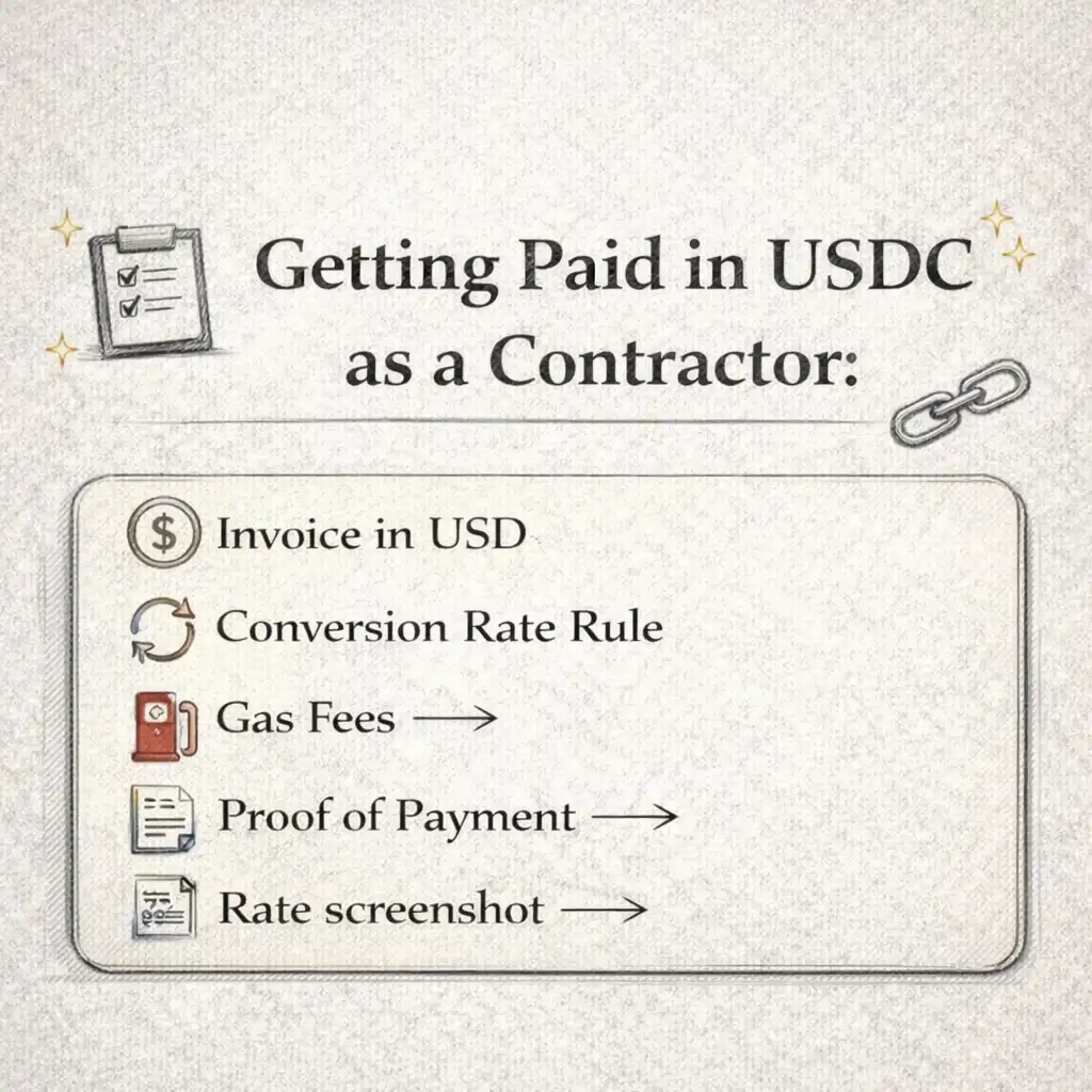 Getting Paid in USDC as a Contractor: Invoice in USD, Conversion Rate Rule, Gas Fees, Proof of Payment