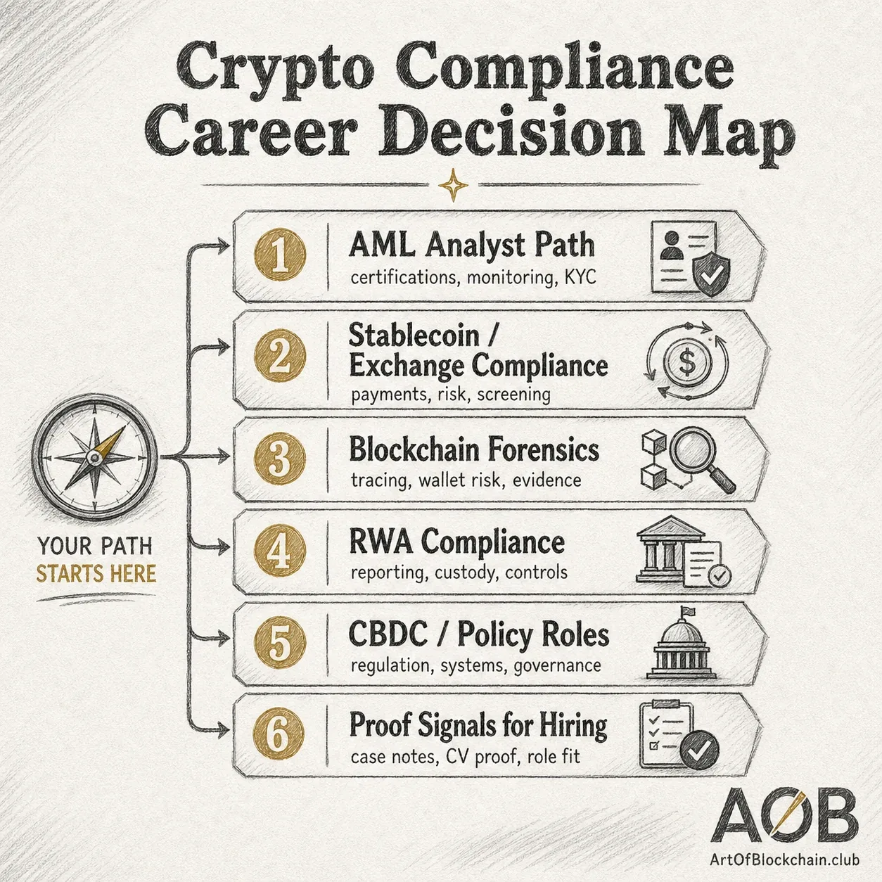 Crypto compliance career decision map showing AML analyst roles, stablecoin compliance, blockchain forensics, RWA compliance, CBDC roles, and proof signals for Web3 hiring.