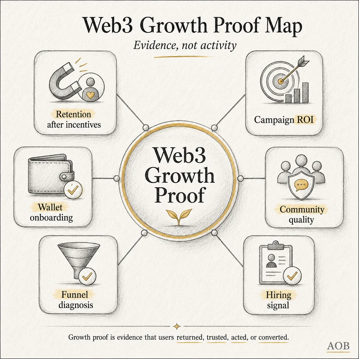 A simple map of how Web3 growth proof moves from community activity and campaigns to retention, onboarding, funnel clarity, and hiring signals.