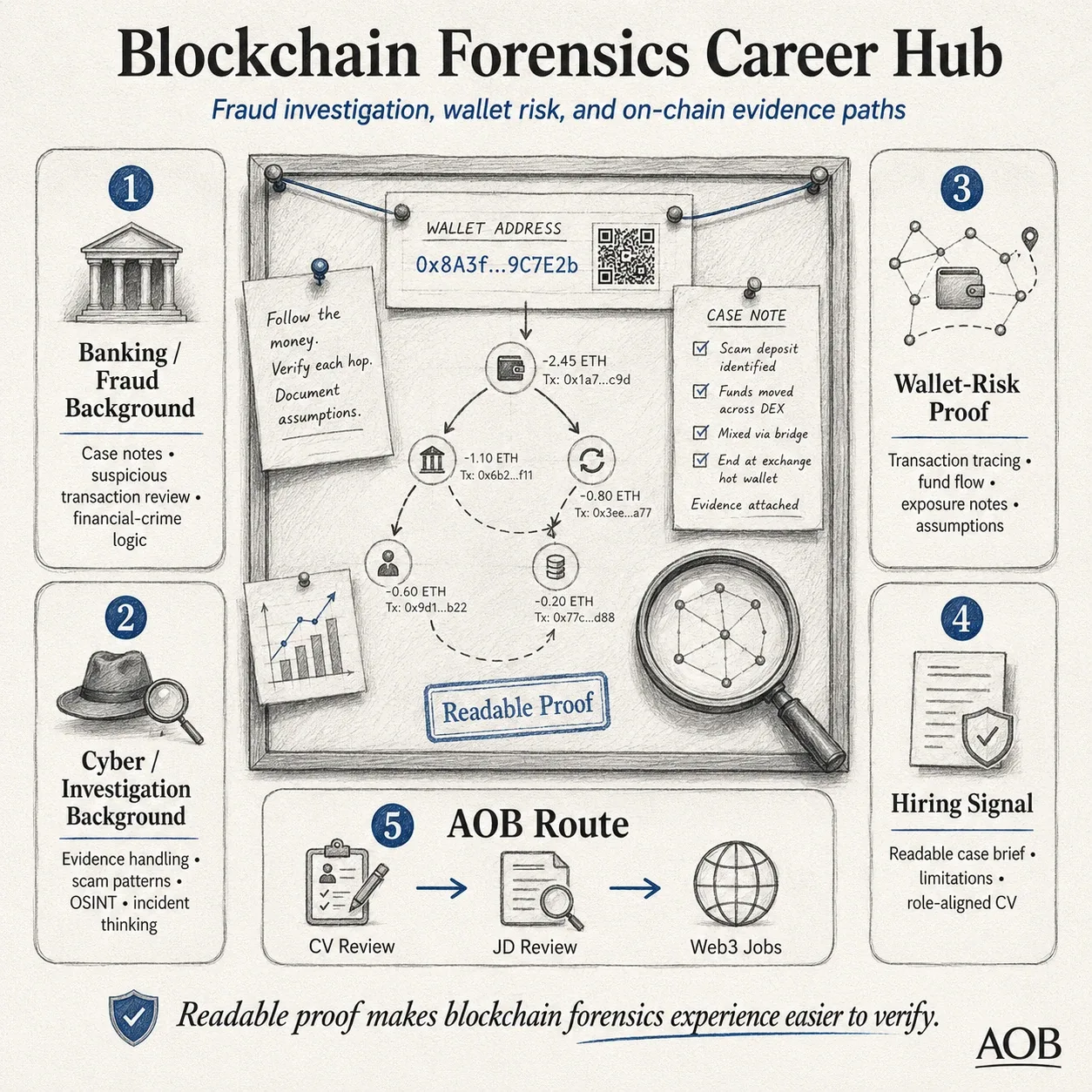 Blockchain forensics careers are not only about tools. Hiring teams need readable proof of wallet-risk reasoning, transaction tracing, evidence judgment, and clear case communication.