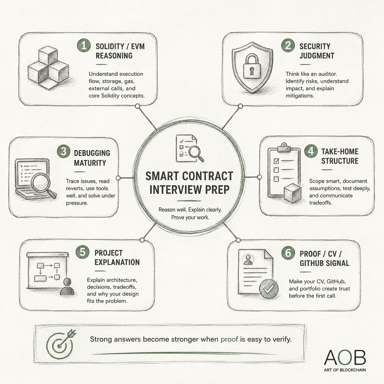 Smart contract interview prep map showing Solidity and EVM reasoning, security judgment, debugging maturity, take-home structure, project explanation, and proof signals for Web3 hiring.