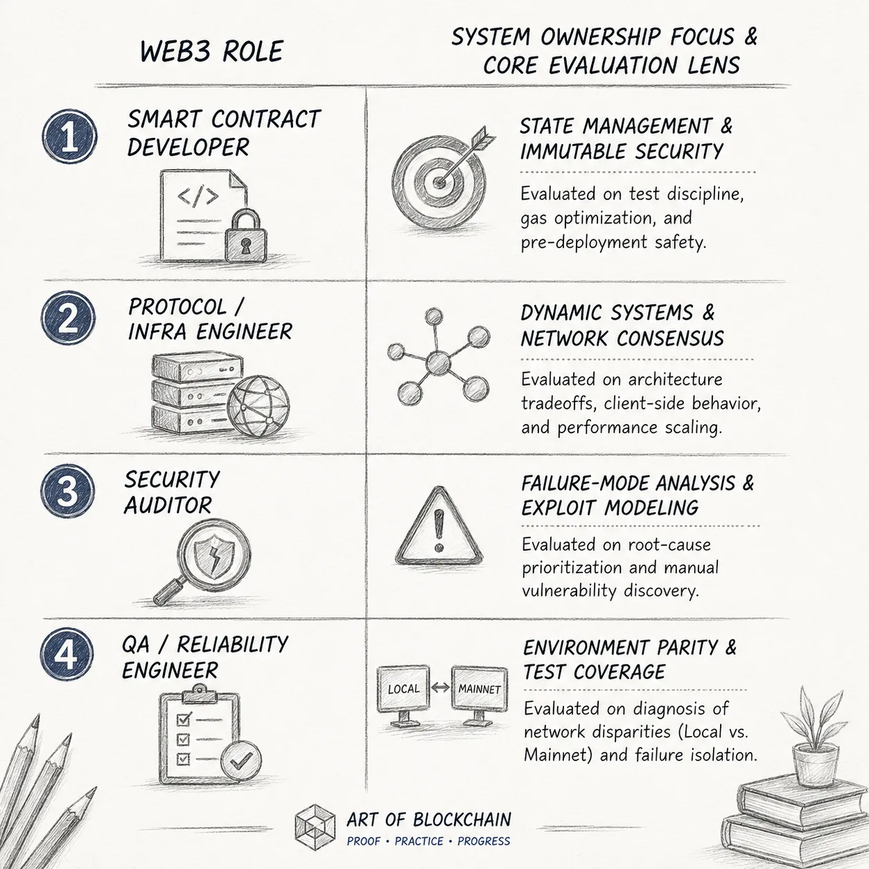 Compare four Web3 roles by system ownership focus and hiring evaluation criteria, from smart contract development to security, infrastructure, and QA.