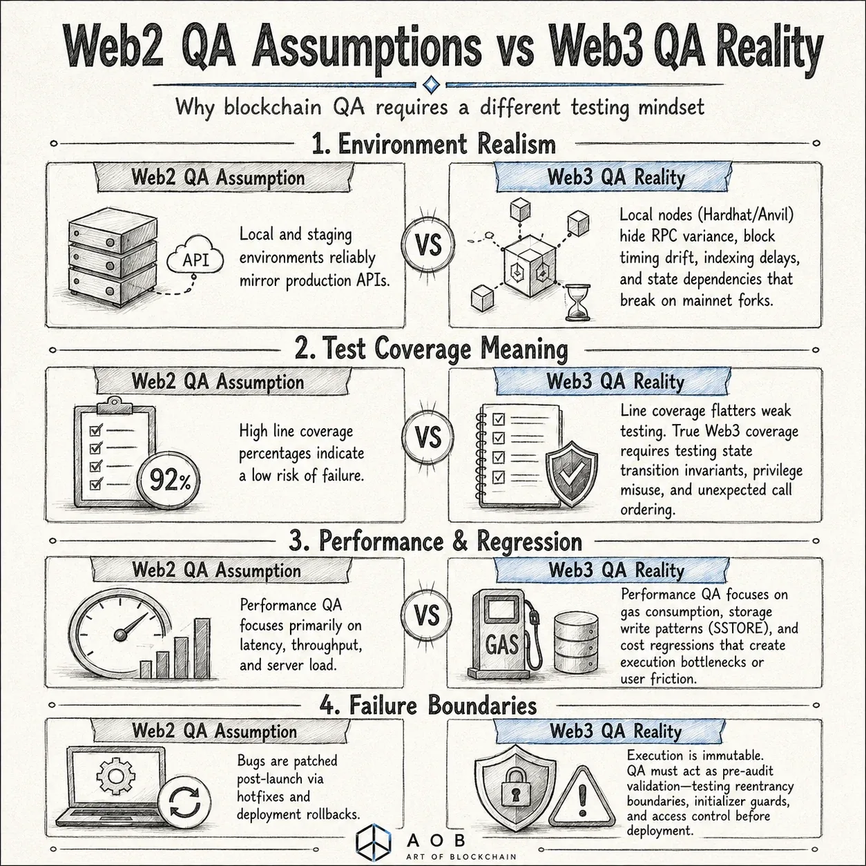 Infographic comparing Web2 QA assumptions with Web3 QA realities across environment realism, test coverage, performance regression, and failure boundaries.