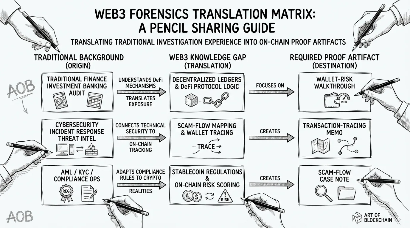 Web3 forensics translation matrix mapping traditional finance, cyber, and AML backgrounds to on-chain proof artifacts for proof-based hiring.