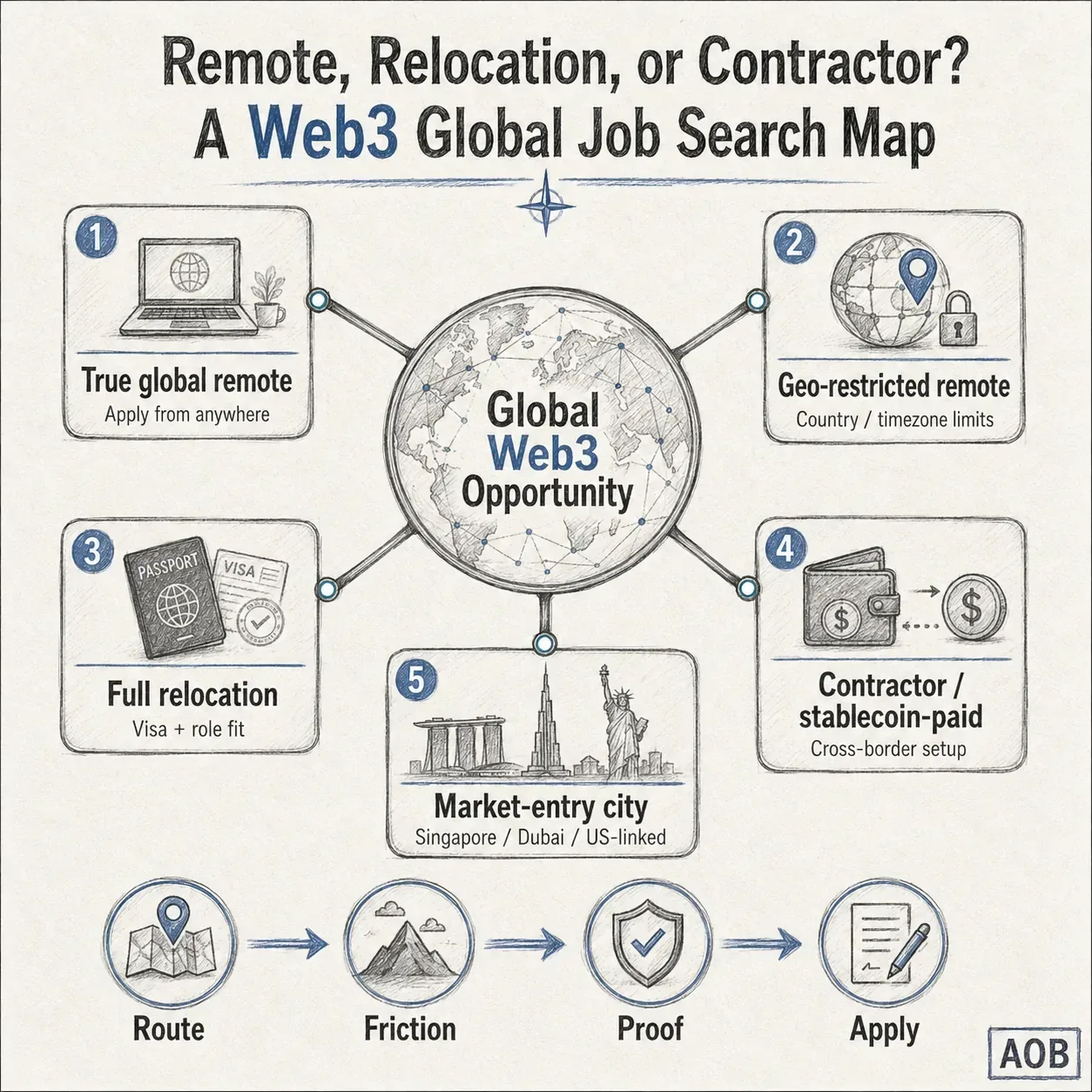 Flowchart diagram titled 'A Web3 Global Job Search Map' illustrating five core work pathways: True Global Remote, Geo-Restricted Remote, Full Relocation, Contractor/Stablecoin Setup, and Market-Entry Cities (Singapore, Dubai, US-linked), structured across the 4-step decision sequence of Route, Friction, Proof, and Apply.