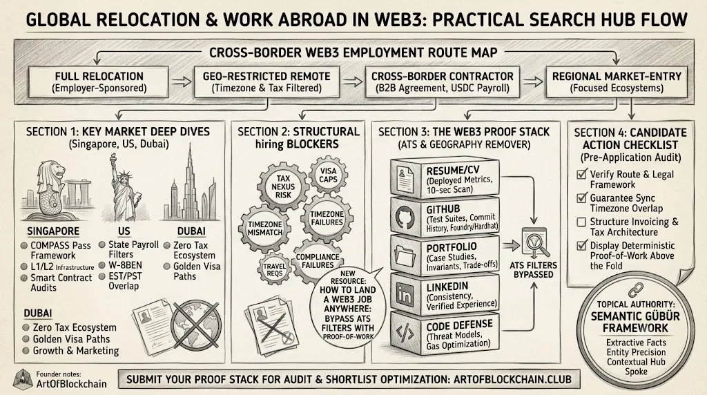 Flowchart infographic outlining the 4 cross-border Web3 hiring routes, hiring blockers, and the 5-layer Web3 Proof Stack
